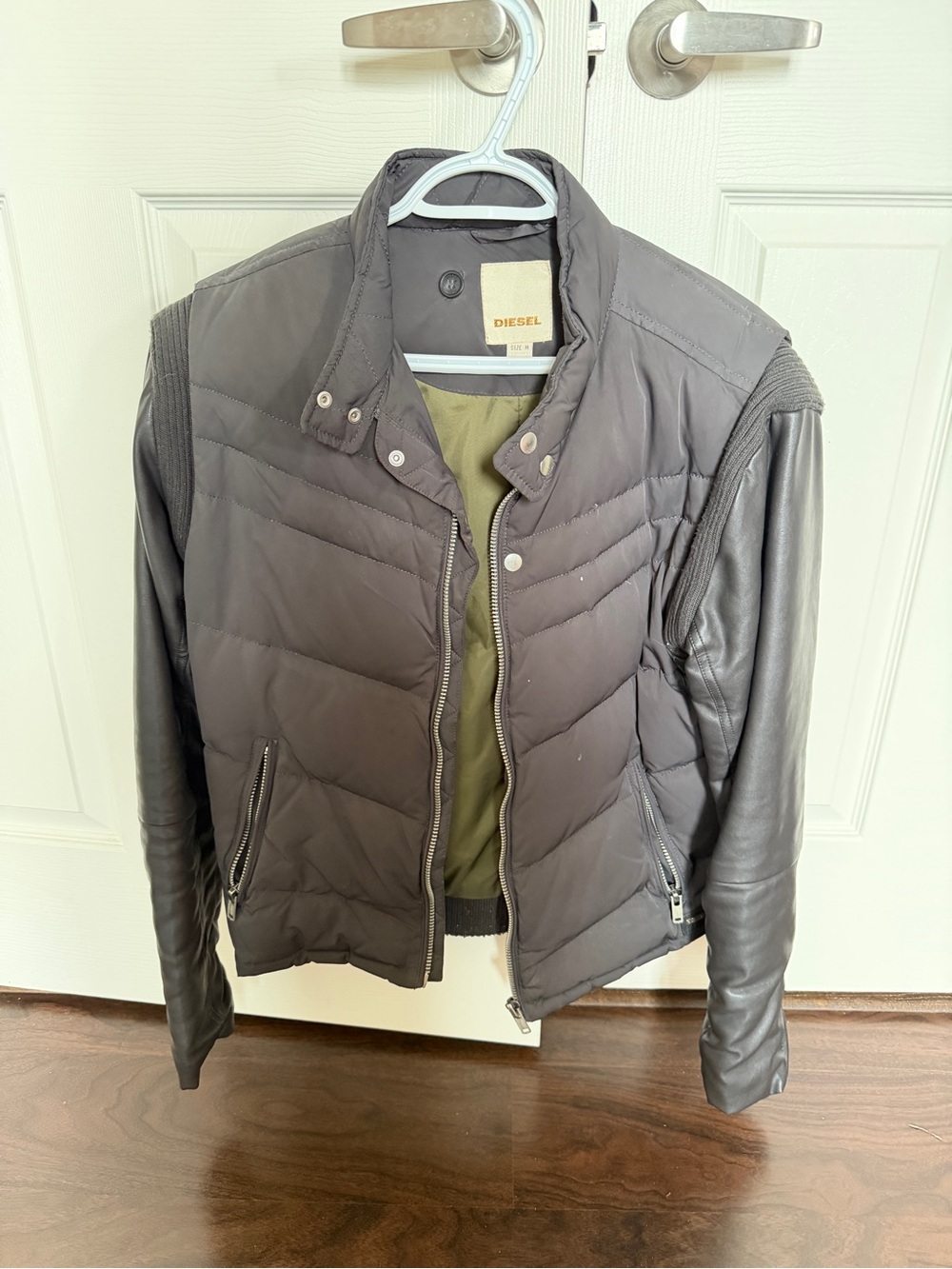 Diesel Men's Charcoal Puffer Jacket with Black Leather Sleeves